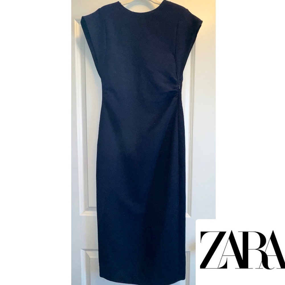 ZARA Dress Navy Crepe Gathered Midi Column sz S